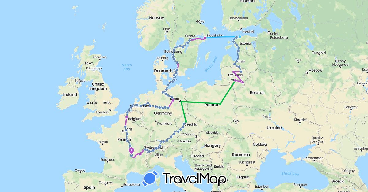 TravelMap itinerary: driving, bus, cycling, train, boat in Belgium, Switzerland, Czech Republic, Germany, Denmark, Estonia, France, Lithuania, Latvia, Netherlands, Poland, Sweden (Europe)